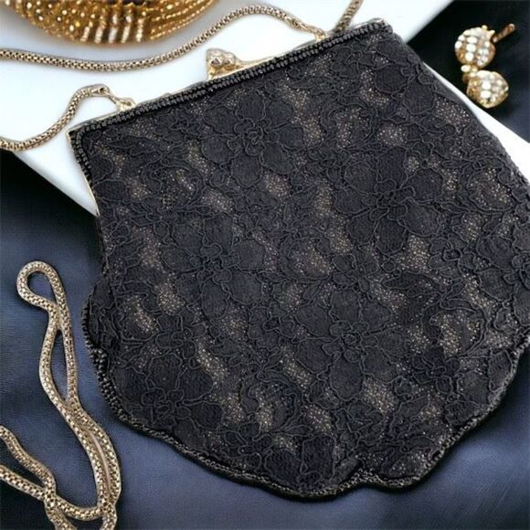Le Regale Beaded Metallic black & gold Clutch Evening hand bag  rope chain small - Picture 1 of 16